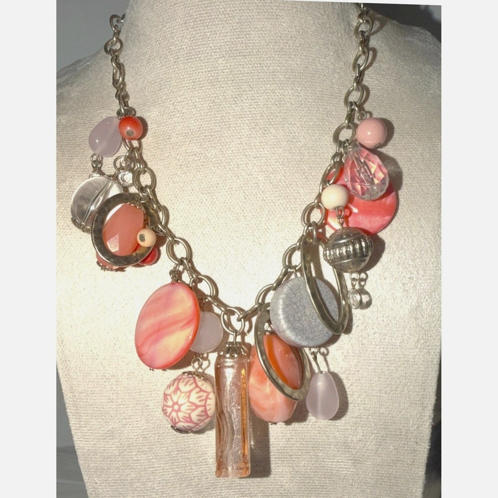 Premier Designs Coral Pink Clear Charm Necklace 16-20" Gold Tone